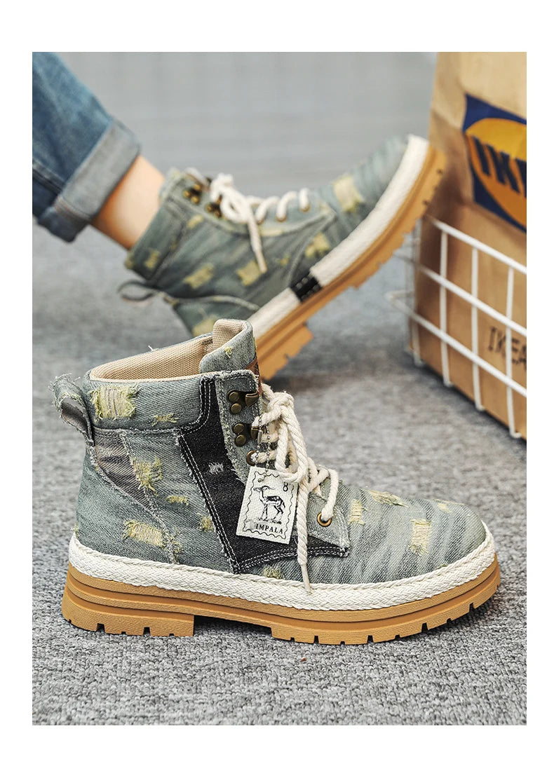 VOIDWEAR SIGNAL_VANISH_07 ☰ men’s black denim and leather ankle boots with lace-up closure, ankle strap, and ritual-inspired streetwear design