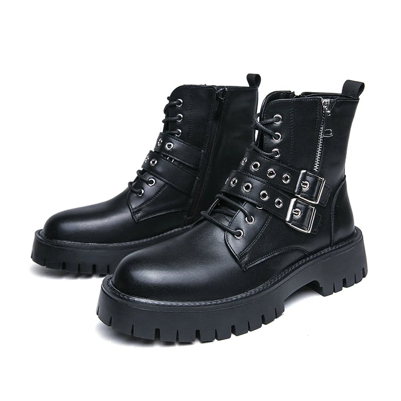VOIDWEAR SIGNAL_VANISH_07 ☰ Shadow Strider Boots, split leather with EVA sole, winter streetwear for men. Pair of black leather boots with buckles on a white background