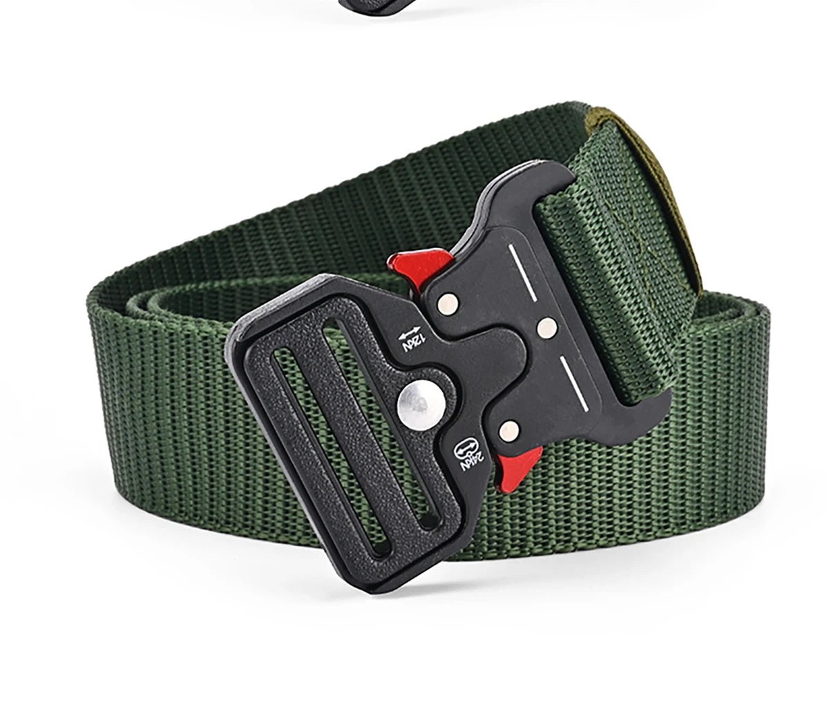 Green belt with a black buckle on a white background. VDR Polyester-canvas street belt with motion-phase buckle and vanish-glyph edge design, built for urban and tactical versatility