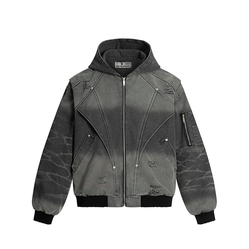 VOIDWEAR VDR_SIGNAL_07 ritual-coded autumn men’s jacket with washed worn-out finish, deconstruction holes, and sleeve glyph