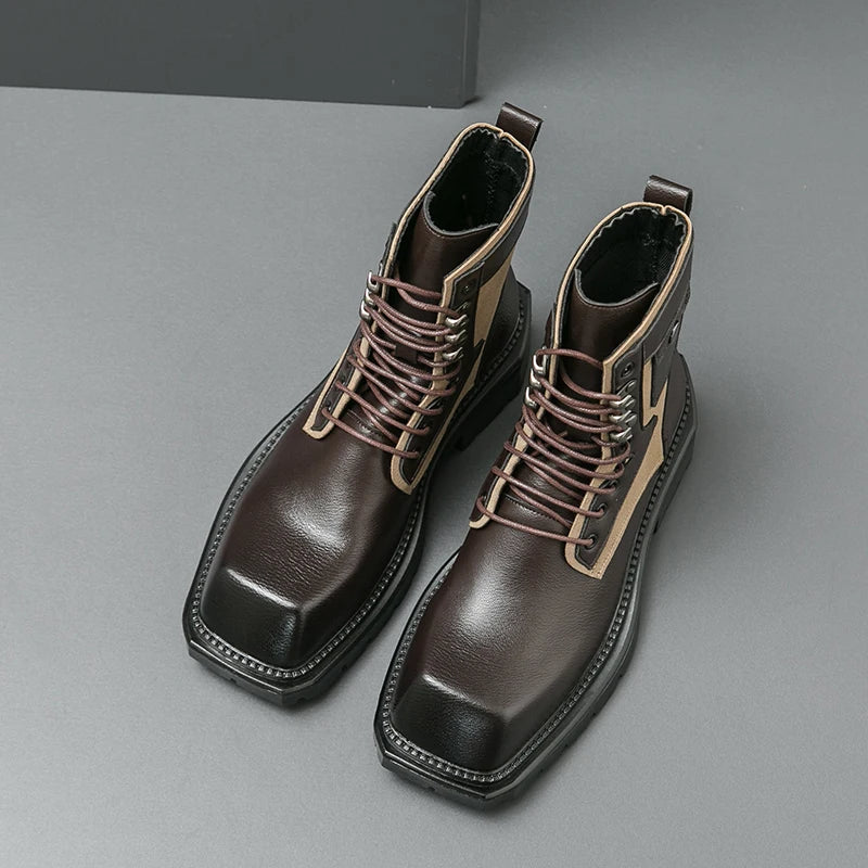 VDR_VANISH_05 punk motorcycle mid-calf boots in brown-black PU leather, styled for U.S. and EU urban streetwear