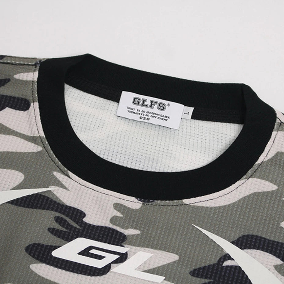 VOIDWEAR oversized camo tee with glyph and vanish-mode hood, 100% cotton, streetwear long sleeve