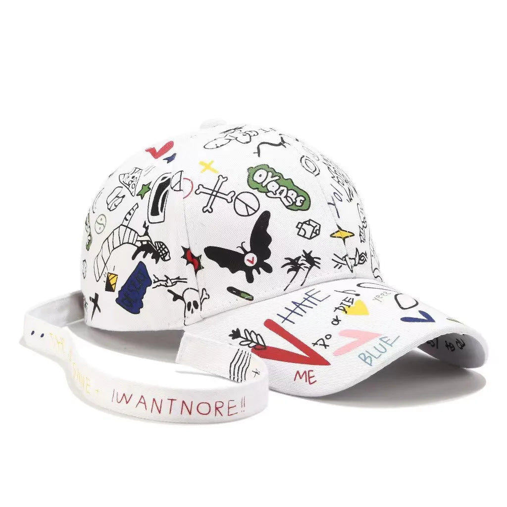VOIDWEAR SIGNAL_VANISH_05 graffiti print cotton baseball cap with adjustable strap, designed for urban summer shadow-motion style. White cap with colorful hand-drawn designs on a white background
