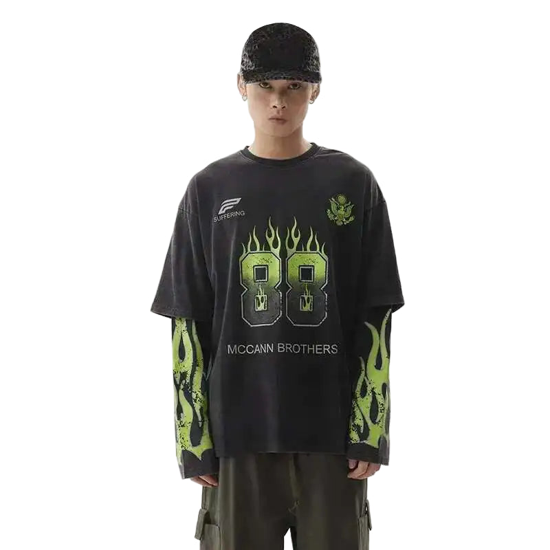 VOIDWEAR VDR_SIGNAL_28W5039 ☰ washed long sleeve, fake two-piece layered shirt, ritual-coded glyph design