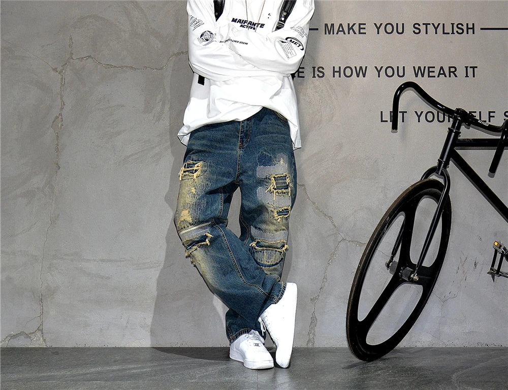 VOIDWEAR VDR_VANISH_05 ☰ baggy ripped patch jeans with distress wash, hip hop fit, ritual-coded glyph embroidery