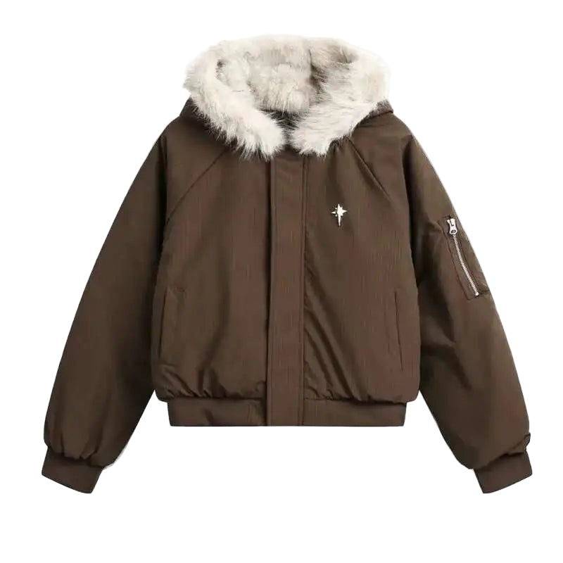 VOIDWEAR VDR_VANISH_05 brown padded fur hooded jacket, oversized unisex winter streetwear system, vanish mode ritual coat, U.S. & EU streetwear trend 2025. Brown jacket with fur hood on a white background