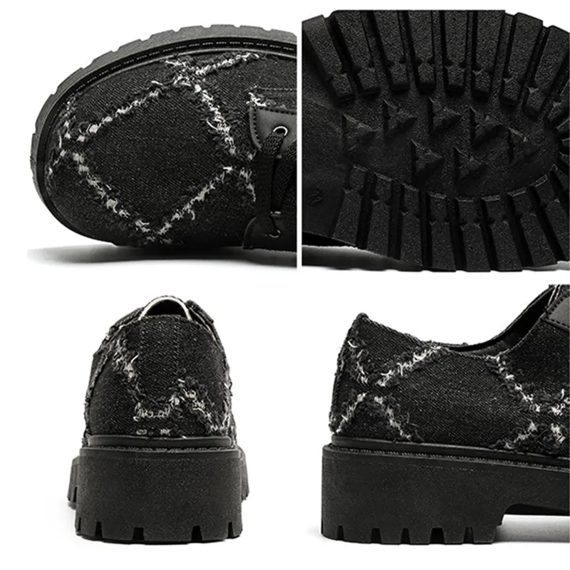 VOIDWEAR SIGNAL_CANVAS_09 ☰ men’s breathable split leather casual shoes in black, slip-on lace hybrid with rubber sole, minimalist ritual-inspired design.