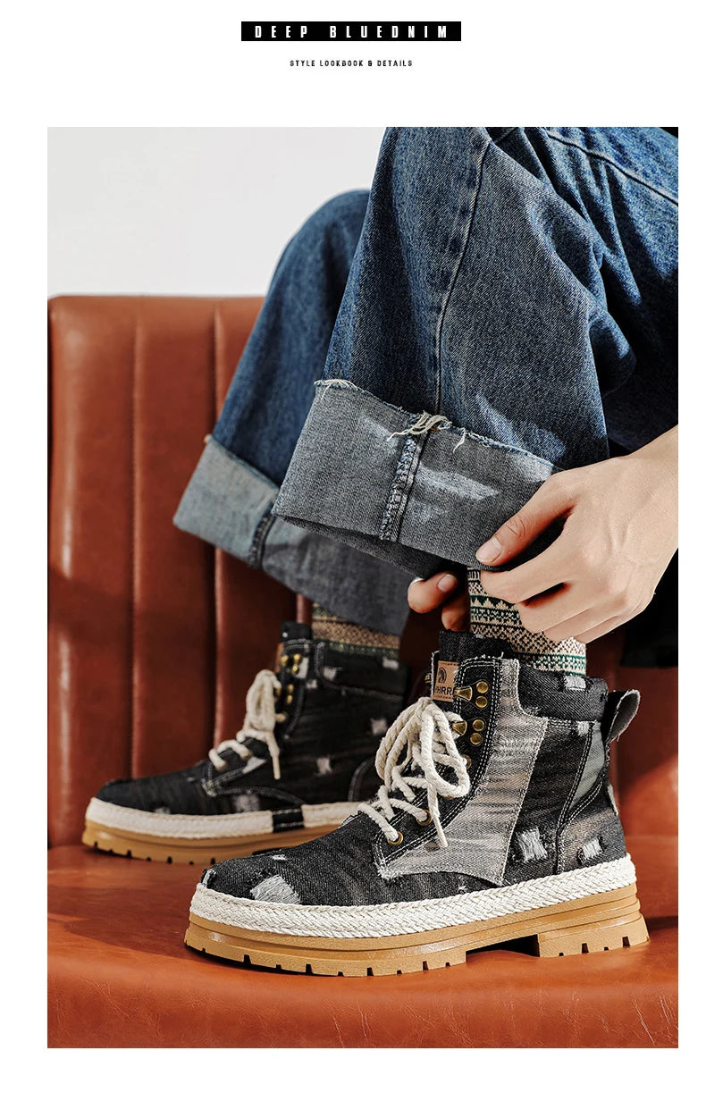 VOIDWEAR SIGNAL_VANISH_07 ☰ men’s black denim and leather ankle boots with lace-up closure, ankle strap, and ritual-inspired streetwear design