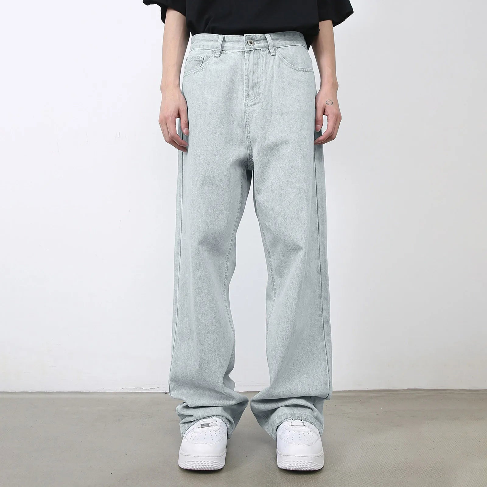 VOIDWEAR VDR_VANISH_01 ☰ hybrid overalls-style baggy jeans, distressed light denim, glyph tab signal detailing, streetwear silhouette