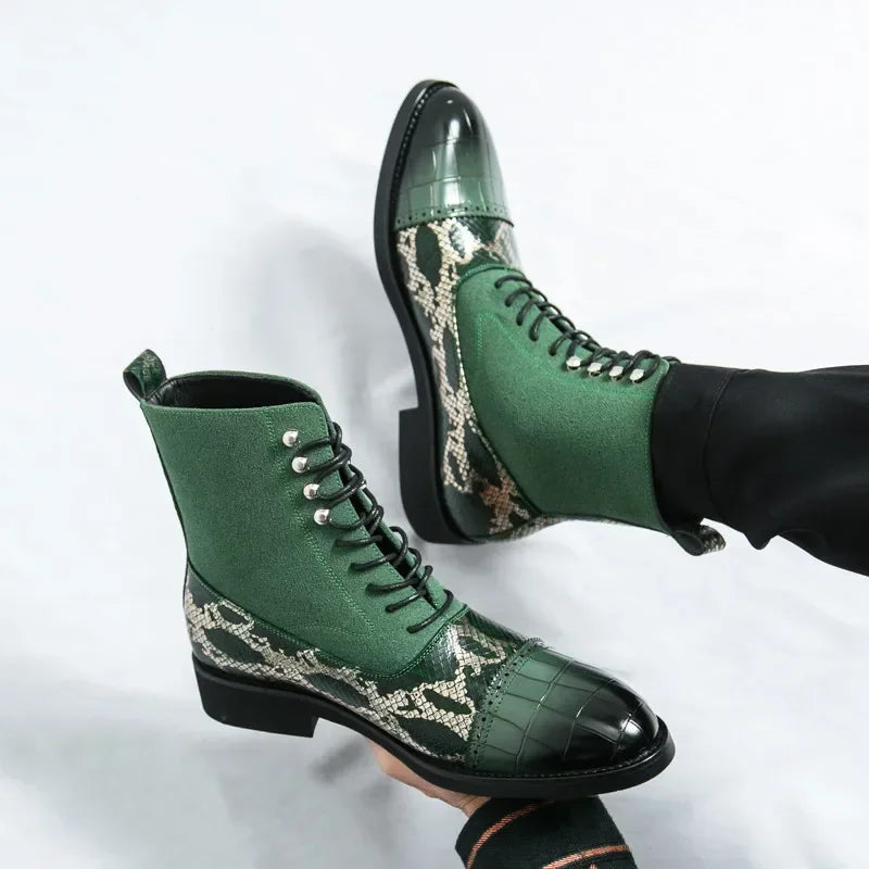 Green lace-up boots with snake print details on a white background. VOIDWEAR SIGNAL_VANISH_09 ☰ Shadow Rider Boots, patent PU leather, EVA insoles, above-ankle winter streetwear motorcycle boots for men