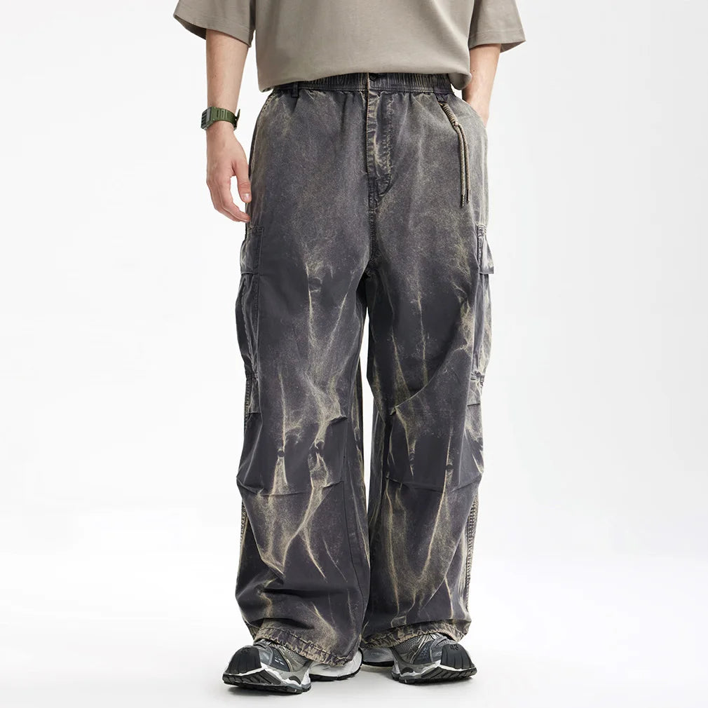 VOIDWEAR SIGNAL_SHIFT_09 ☰ loose cargo pants styled in Tokyo side street, pleated cotton texture and dirty-fit detailing visible