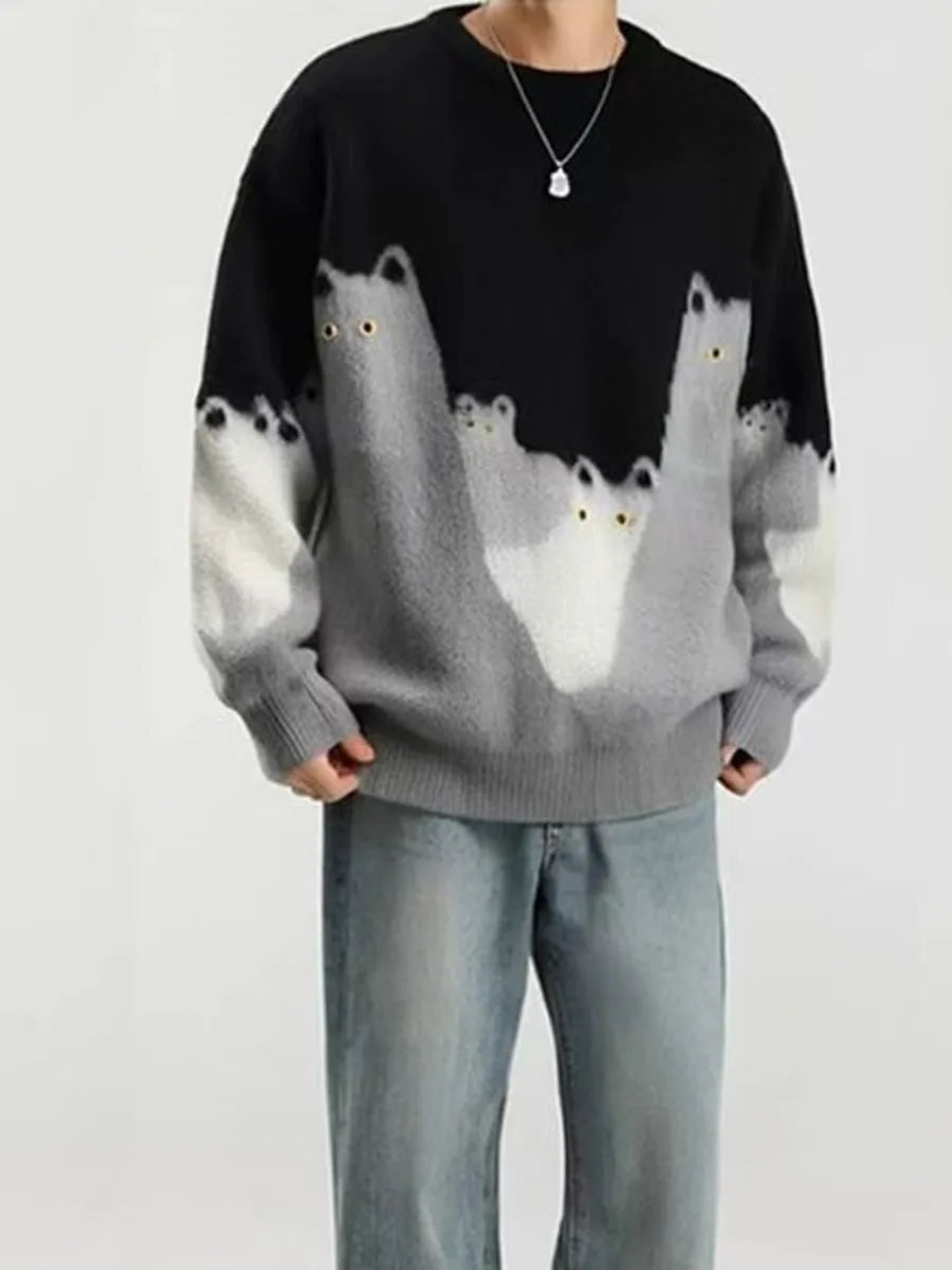 VOIDWEAR SHADOW_CAT_09 oversized knit sweater with cartoon cat graphic and glyph sleeve, streetwear pullover