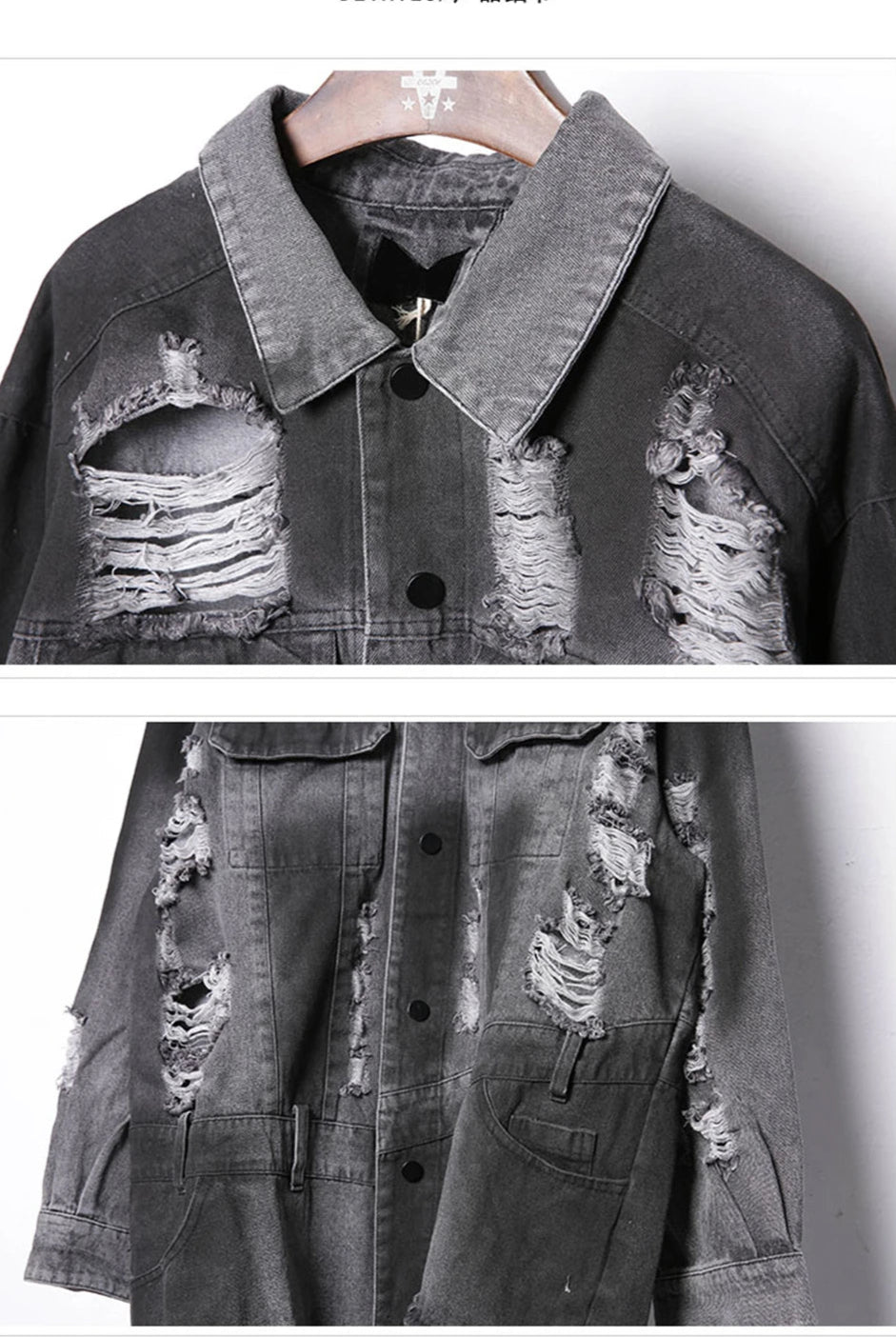 VOIDWEAR VDR_SIGNAL_07 Ritual Jacket — distressed long denim coat with ripped holes, glyph detailing, and loose high-street fit.