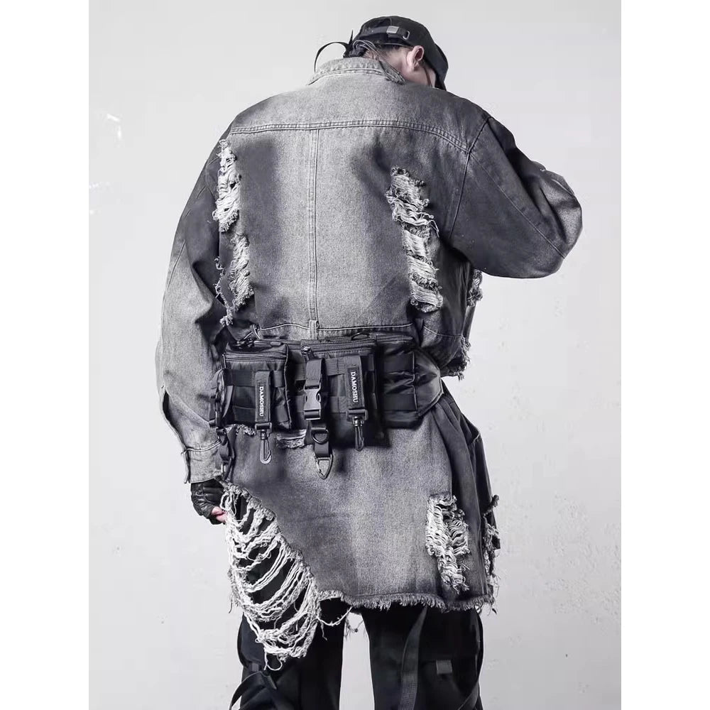 VOIDWEAR VDR_SIGNAL_07 Ritual Jacket — distressed long denim coat with ripped holes, glyph detailing, and loose high-street fit.