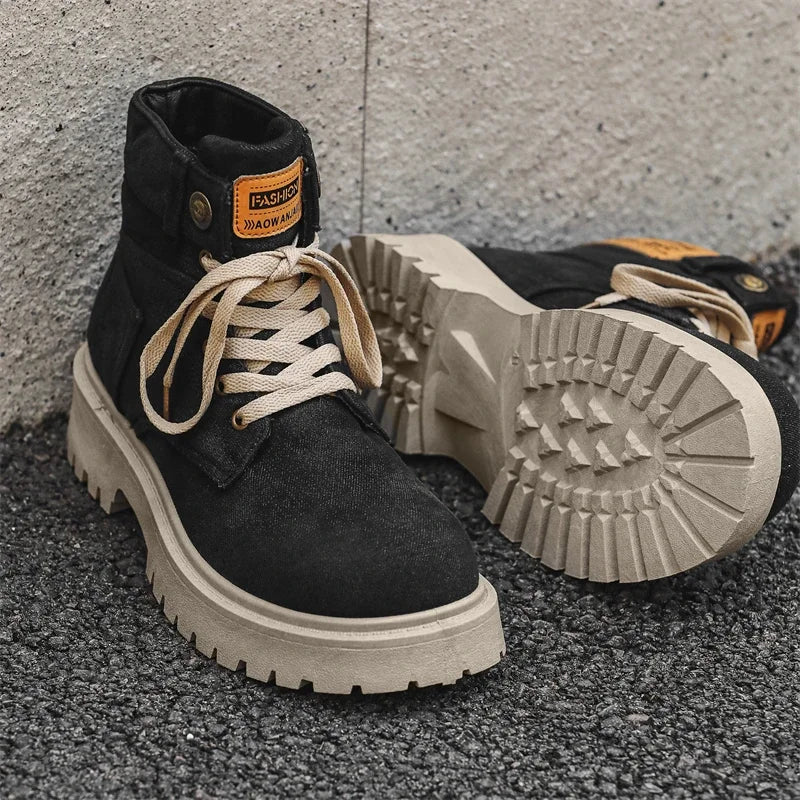 VOIDWEAR SIGNAL_VANISH_12 ☰ handmade men’s denim ankle boots with lace-up closure, pigskin insole, and shadow-coded streetwear design