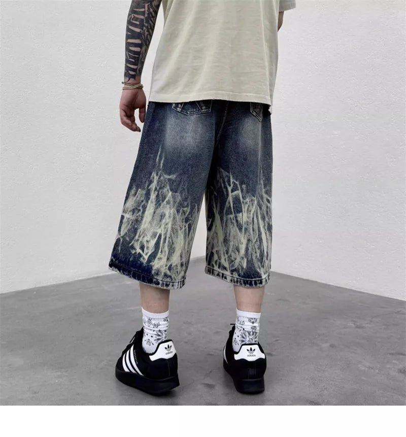 VOIDWEAR VDR_VANISH_08 Flare flame graphic baggy denim shorts, washed Y2K streetwear style, patch pockets, signal glyph
