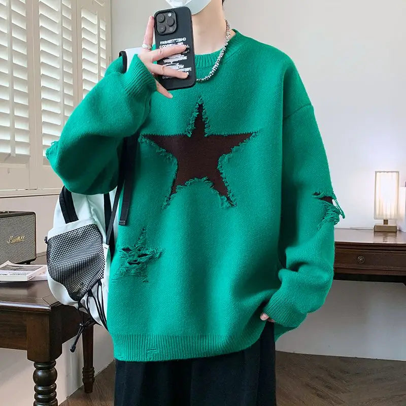VOIDWEAR SIGNAL_AETHER_07 ☰ five-star knit sweater worn in Tokyo night street; geometric pattern glowing under neon light