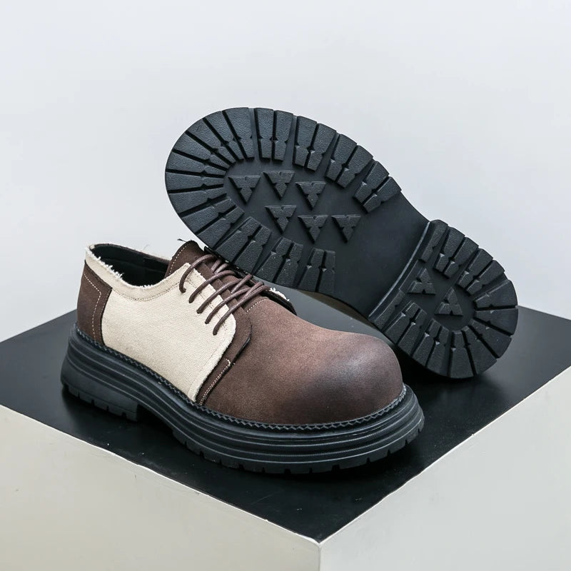 Brown and beige shoes with black soles on a white background. VOIDWEAR SIGNAL_VANISH_06 ☰ Derby System Shoes in Oxford fabric with PU lining and rubber outsole, ritual-inspired hybrid streetwear footwear