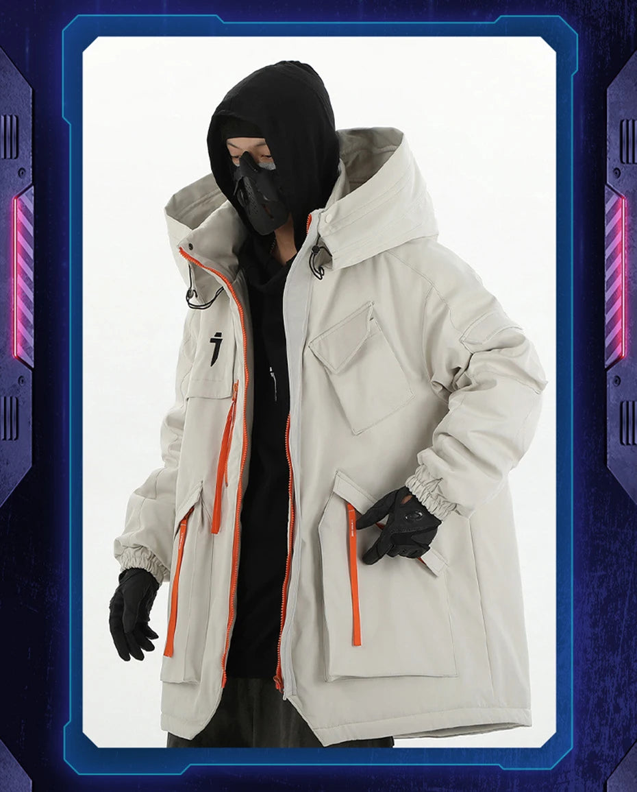 Person wearing a futuristic white jacket with orange accents on a white background.  BEIGE VOIDWEAR VANISH_OPS_07 oversized hooded tactical parka with thermal fill and multi-pocket design for winter streetwear in urban and outdoor settings