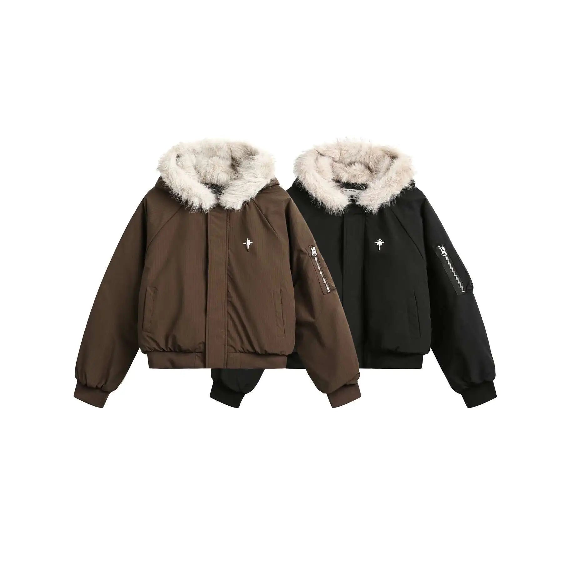 VOIDWEAR VDR_VANISH_05 brown padded fur hooded jacket, oversized unisex winter streetwear system, vanish mode ritual coat, U.S. & EU streetwear trend 2025