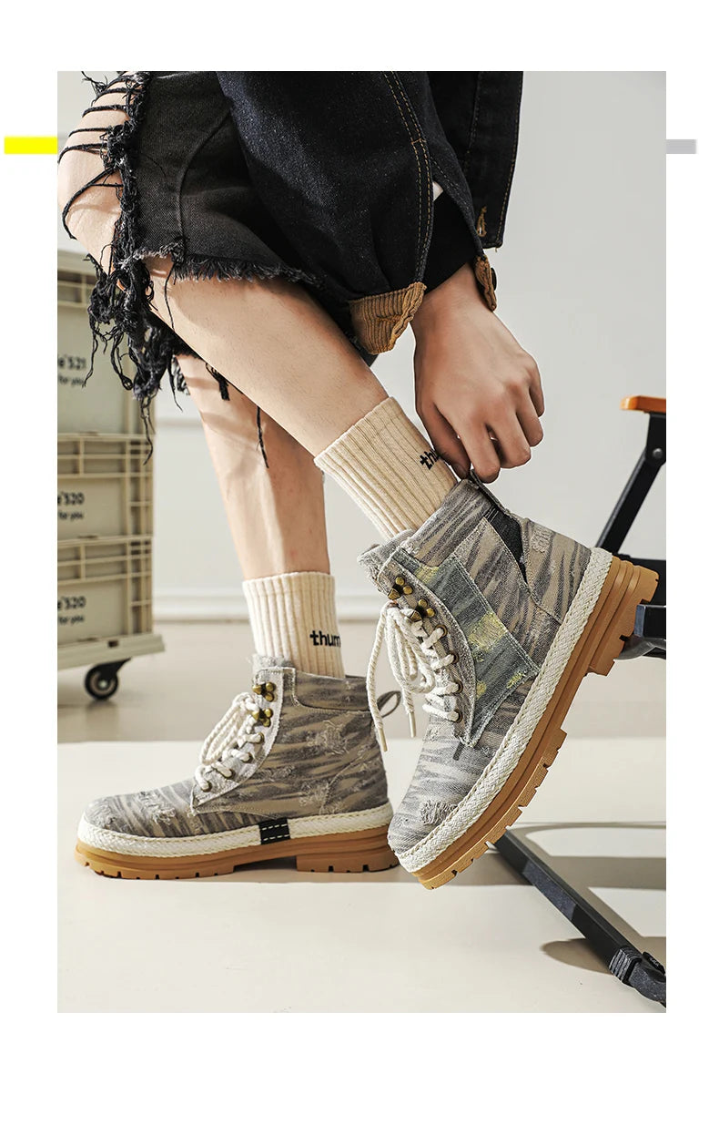 VOIDWEAR SIGNAL_VANISH_07 ☰ men’s black denim and leather ankle boots with lace-up closure, ankle strap, and ritual-inspired streetwear design