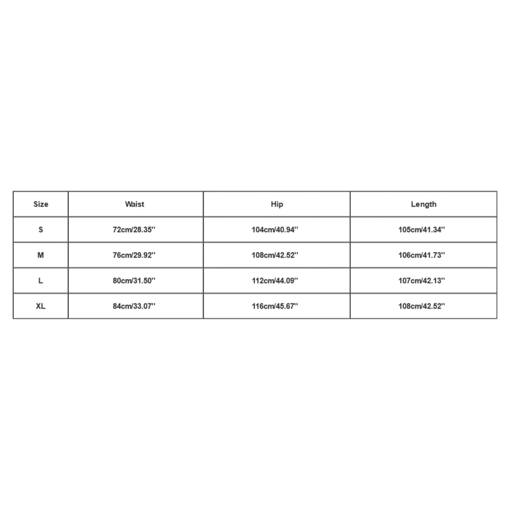 Measurement chart for clothing sizes S, M, L, XL with waist, hip, and length dimensions.
