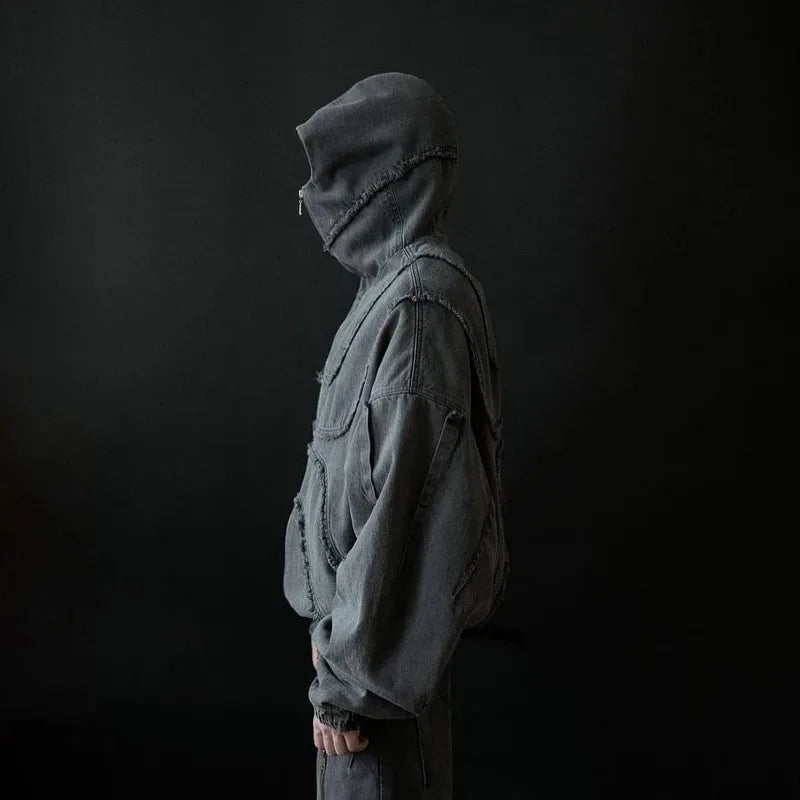 VOIDWEAR SIGNAL_VANISH_05 ☰ hoodie shown worn in New York summer alleyway, signal glyph visible on left sleeve.