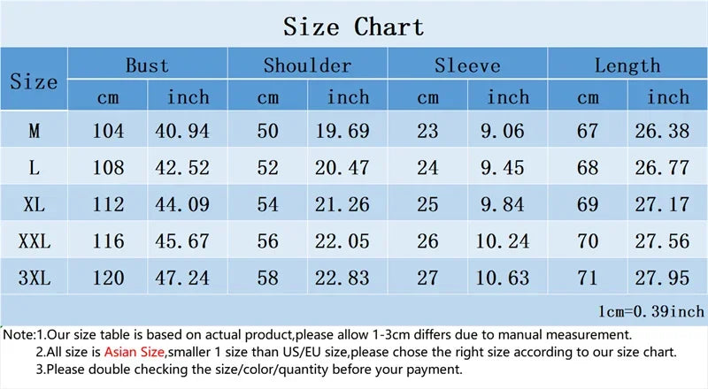 Size chart for clothing with measurements in centimeters and inches.