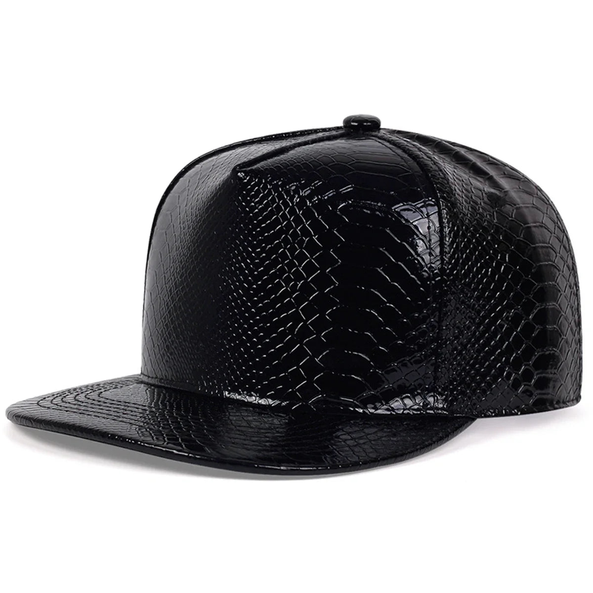 VOIDWEAR VDR_SIGNAL_CAP ☰ python-pattern leather hip-hop cap with adjustable strap and minimalist techwear aesthetic. Black snake skin textured cap on a white background