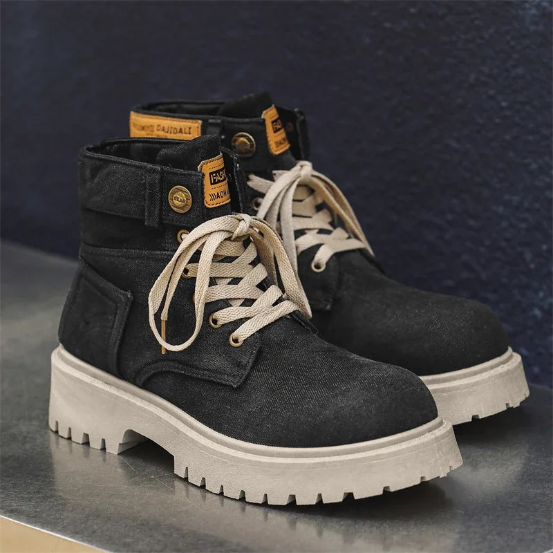 VOIDWEAR SIGNAL_VANISH_12 ☰ handmade men’s denim ankle boots with lace-up closure, pigskin insole, and shadow-coded streetwear design