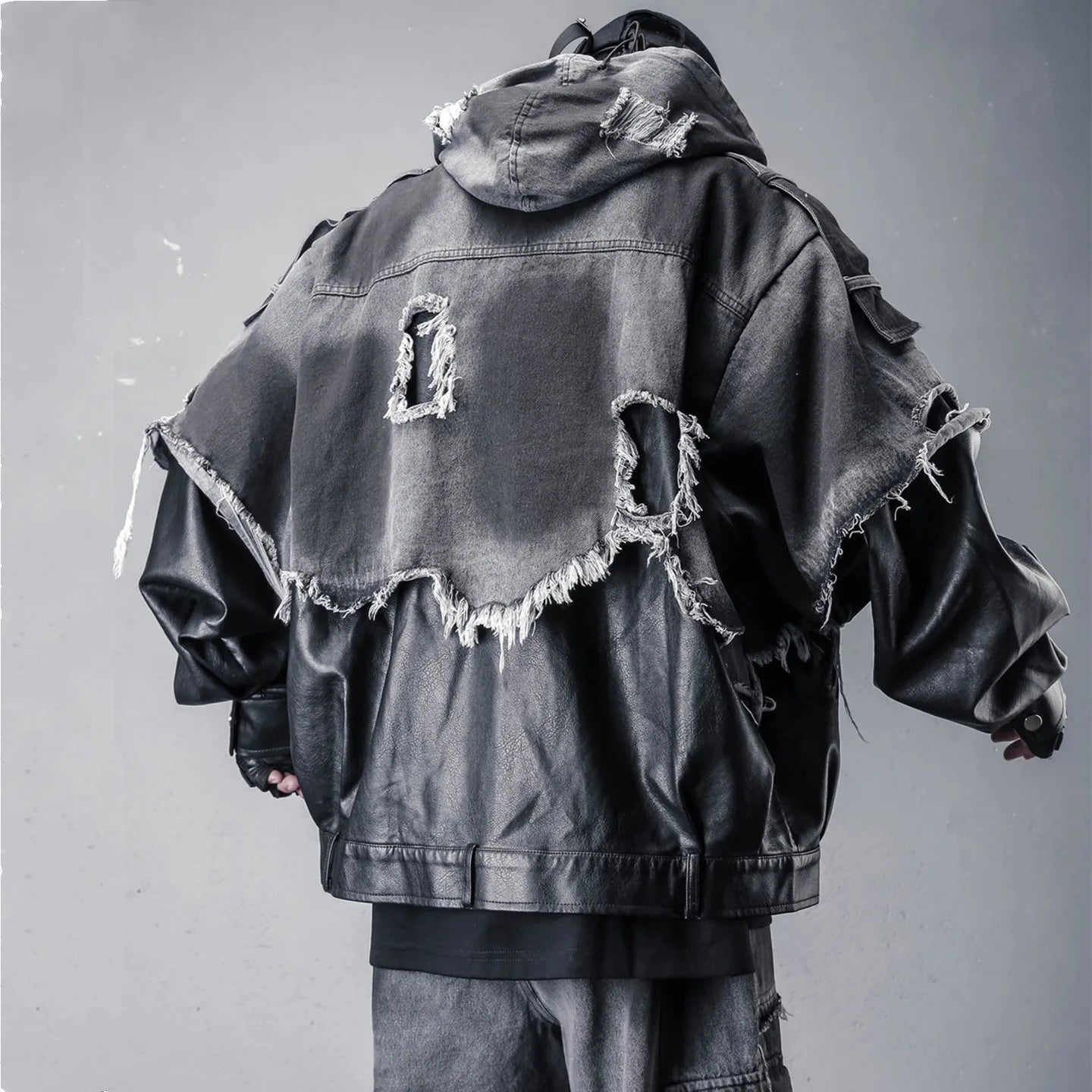VOIDWEAR VDR_VANISH_05 jacket — ritual-inspired denim and PU leather techwear with vanish-mode hood and shadow-motion design
