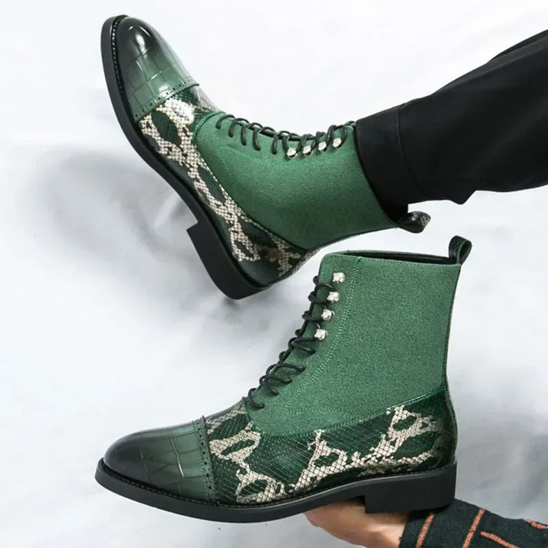 Green boots with snake pattern on a white background. VOIDWEAR SIGNAL_VANISH_09 ☰ Shadow Rider Boots, patent PU leather, EVA insoles, above-ankle winter streetwear motorcycle boots for men