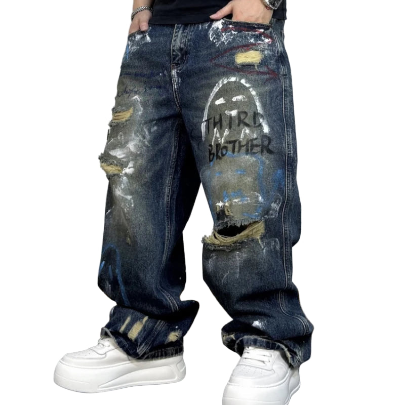 VOIDWEAR VDR_VANISH_05 ☰ graffiti baggy jeans, distressed wash, hand-drawn glyph motifs, loose straight-leg streetwear denim