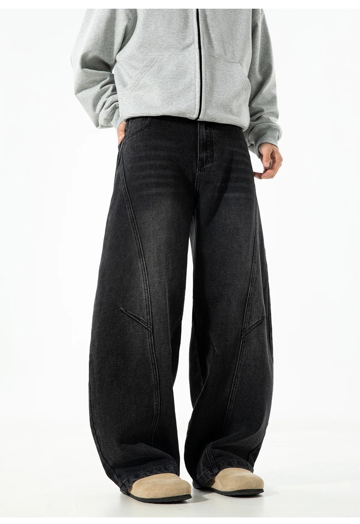 VOIDWEAR VDR_VANISH_SPLIT ☰ curved split distressed jeans, light wash, loose streetwear silhouette, coded glyph tab