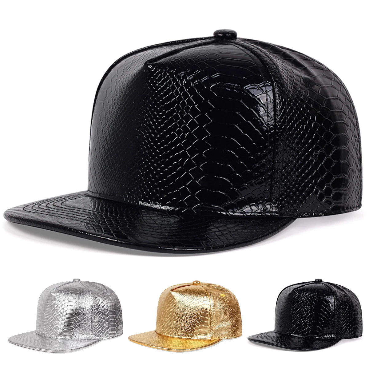 VOIDWEAR VDR_SIGNAL_CAP ☰ python-pattern leather hip-hop cap with adjustable strap and minimalist techwear aesthetic. Black, gold, and silver metallic snake skin patterned snapback hats on a white background