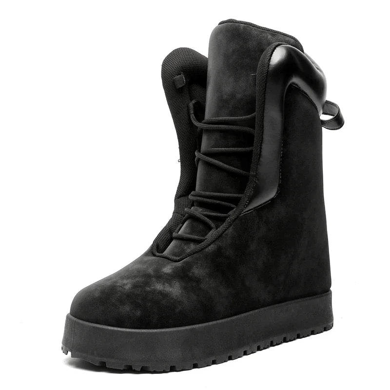 VOIDWEAR VANISH_SYSTEM_07 ⚔️ mid-calf flannel boots worn on urban concrete, thick sole visible, part of seasonal vanish drop