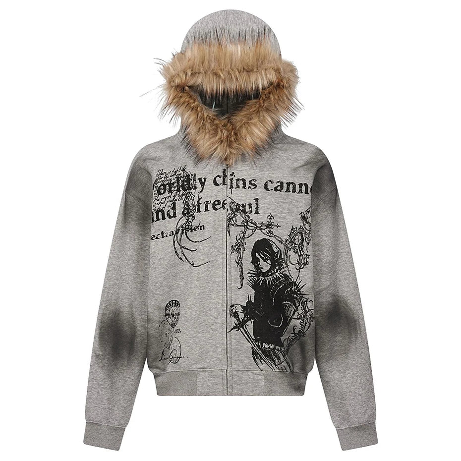 VOIDWEAR VDR05_SILENCE brown tie-dye hoodie with fur collar and embroidered signal glyph, oversized unisex Harajuku streetwear, mid-weight 180gsm — U.S. & EU winter style.
