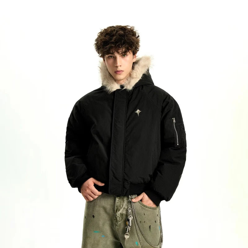 VOIDWEAR VDR_VANISH_05 brown padded fur hooded jacket, oversized unisex winter streetwear system, vanish mode ritual coat, U.S. & EU streetwear trend 2025