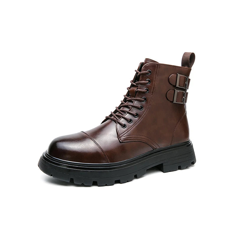 VOIDWEAR SIGNAL_VANISH_11 ☰ men’s patent leather Chelsea boots, waterproof, lace-up zipper hybrid, ritual-inspired streetwear design. Brown leather boot with black sole on a white background