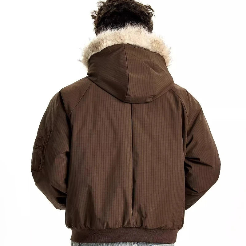 VOIDWEAR VDR_VANISH_05 brown padded fur hooded jacket, oversized unisex winter streetwear system, vanish mode ritual coat, U.S. & EU streetwear trend 2025