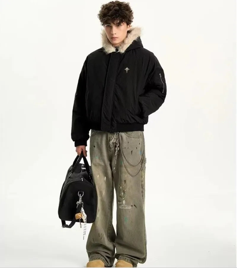 VOIDWEAR VDR_VANISH_05 brown padded fur hooded jacket, oversized unisex winter streetwear system, vanish mode ritual coat, U.S. & EU streetwear trend 2025
