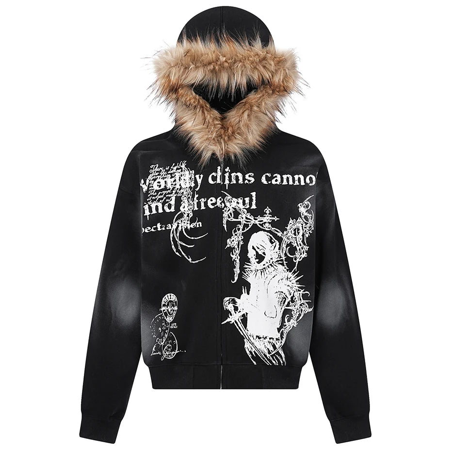 VOIDWEAR VDR05_SILENCE brown tie-dye hoodie with fur collar and embroidered signal glyph, oversized unisex Harajuku streetwear, mid-weight 180gsm — U.S. & EU winter style.. Black jacket with white graphics and fur-lined hood on a white background