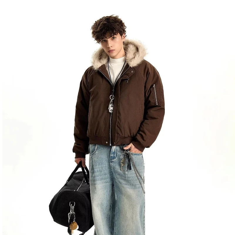 VOIDWEAR VDR_VANISH_05 brown padded fur hooded jacket, oversized unisex winter streetwear system, vanish mode ritual coat, U.S. & EU streetwear trend 2025